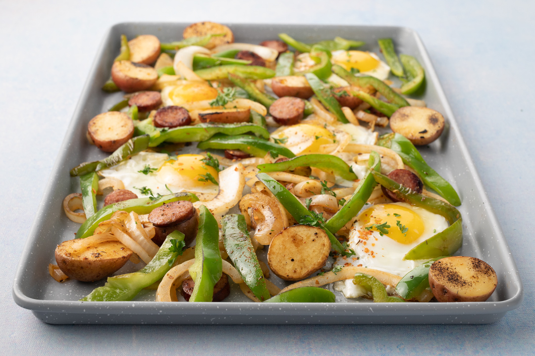 Breakfast Sheet Pan With Peppers And Onions