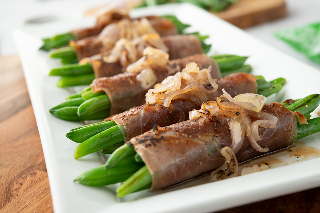 Prosciutto Wrapped Maple Green Beans with Crispy Shallots